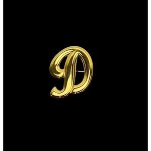 Monogram Brooch Initial Letter D Cursive Pin Shiny Gold Tone Finish